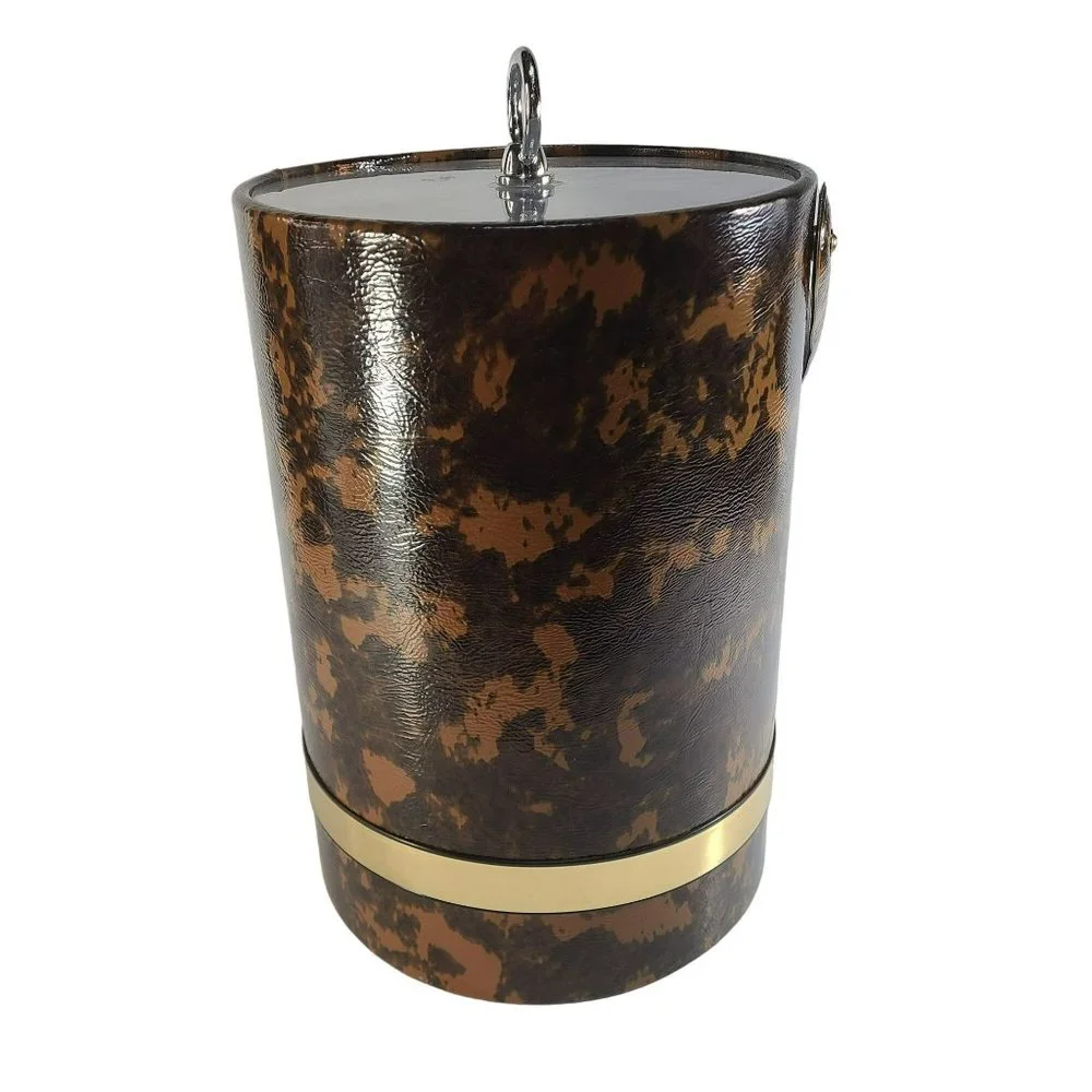 Vintage Mid Century Modern Ice Bucket Gold Brown Marbled Silver Handle